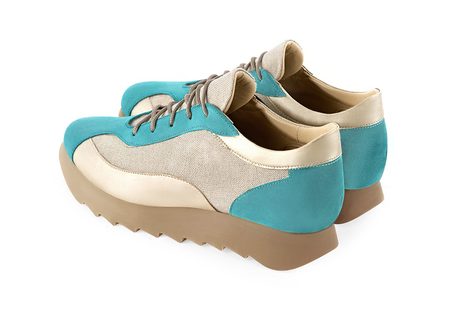 Aquamarine blue and gold women's two-tone elegant sneakers. Round toe. Low rubber soles. Rear view - Florence KOOIJMAN